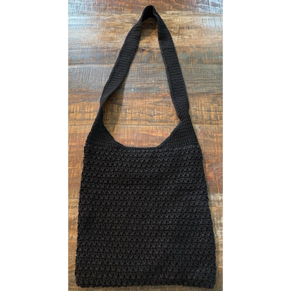 Black Crochet Knit Hobo Shoulder Bag Boho Slouchy Lined Snap Closure Purse